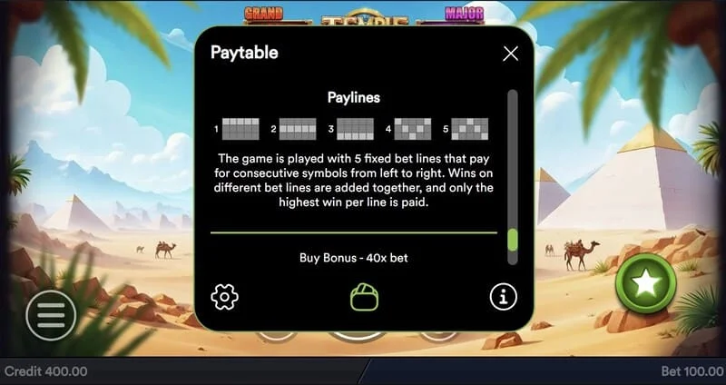 Temple of Treasures - talahanayan ng mga nakapirming Jackpot