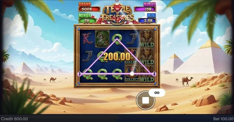 Temple of Treasures - pangunahing screen na may mga reel at setting ng Ehipto